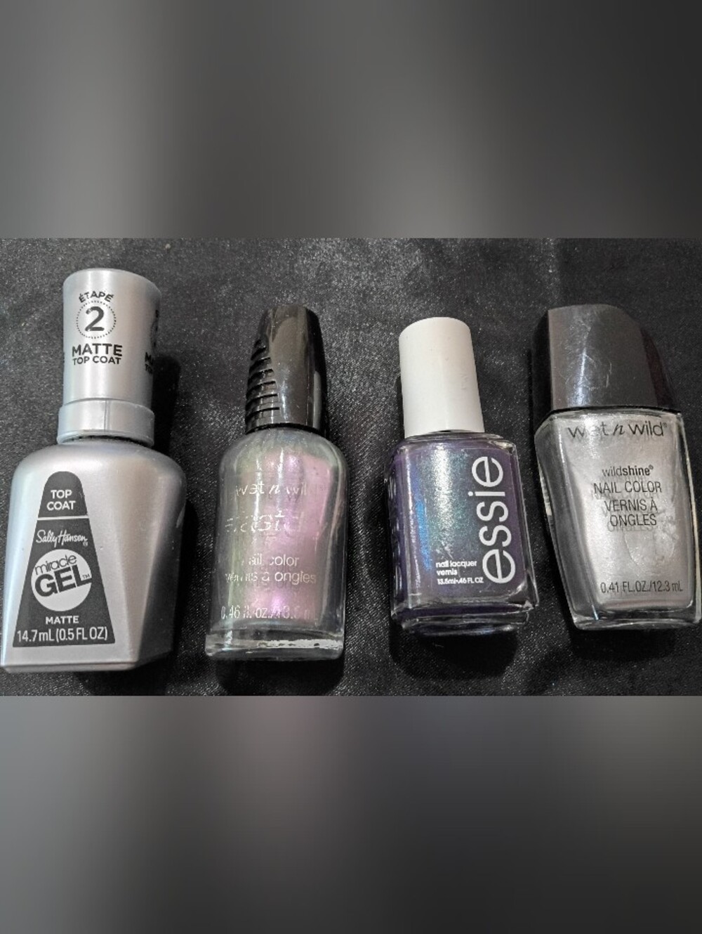 LOT of 4 Nail Polishes Silver Irradescent Matte Top Coat Purple